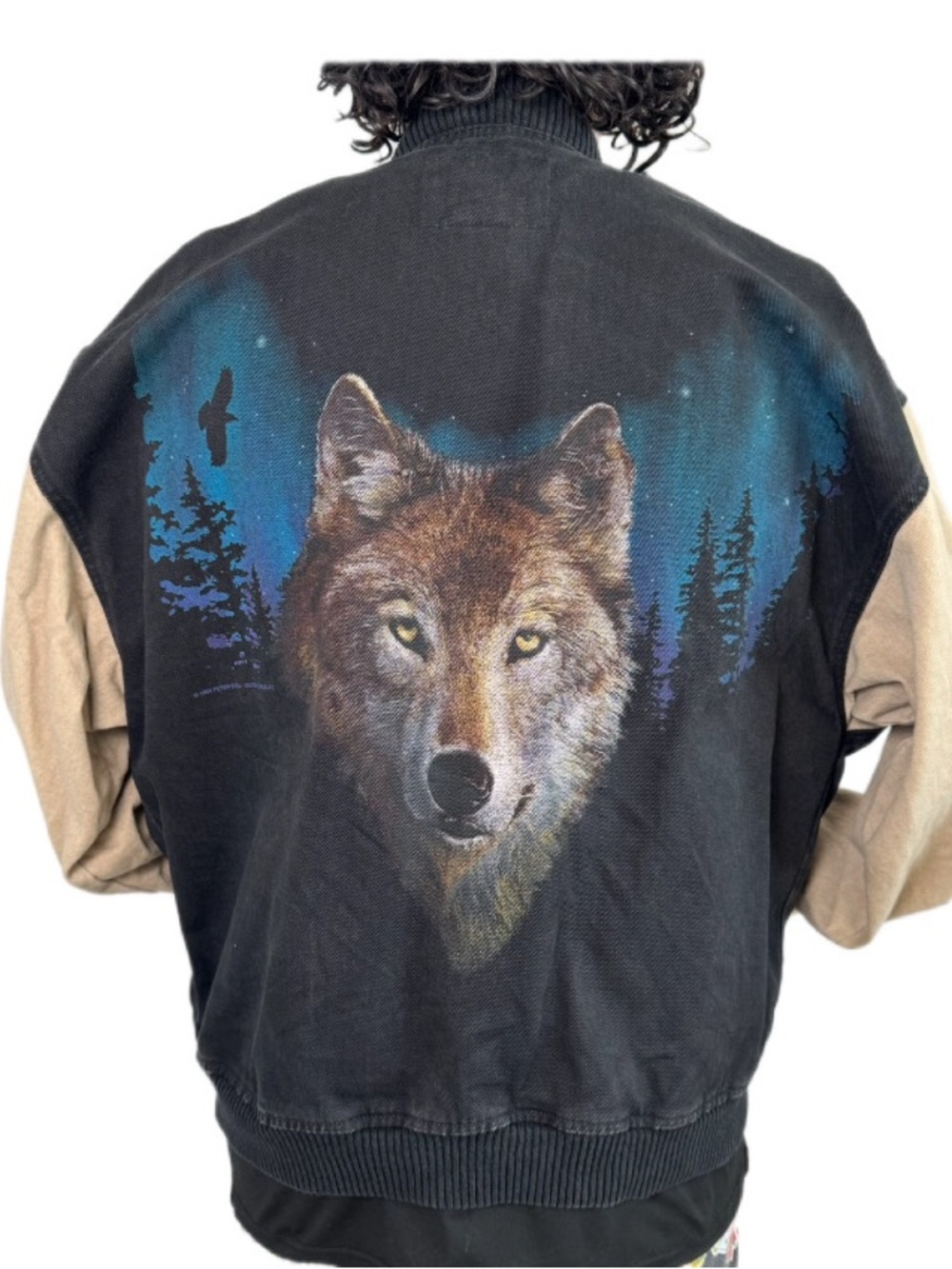 Vintage iD Wear Wolf Graphic Bomber Jacket Mens M Call of the Wild Mystic Native
